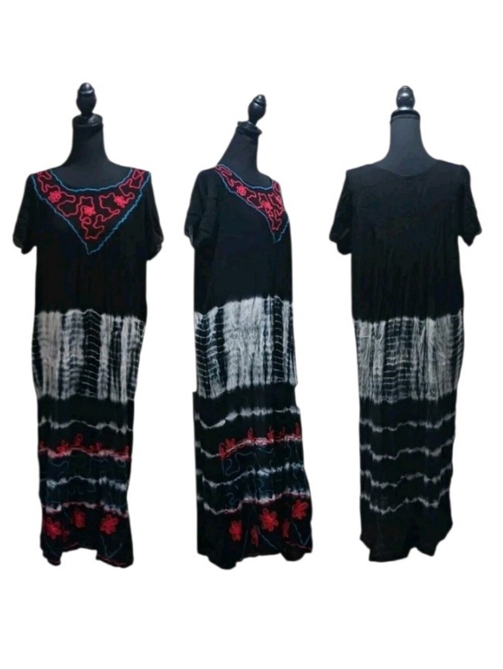 Seven Islands Embroidered Tie Dye Crinkle Rayon Maxi Dress Muu Muu